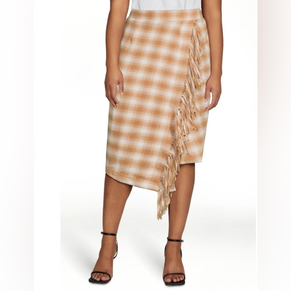 NWT Women's Fringed Faux Elastic Waist Plaid Blanket Wrap Midi Skirt (L)